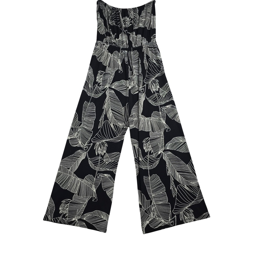 Express M Black White Tropical Leaf Print Strapless Wide Leg Jumpsuit Palazzo